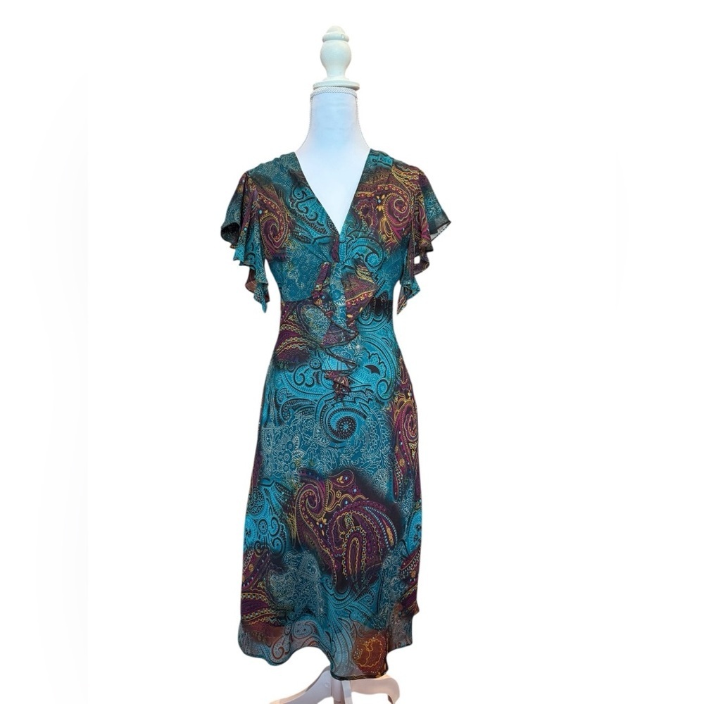 Karin Steven’s Womens VTG Multi Paisley Midi Dress Flutter Sleeves 4P Fairy Boho